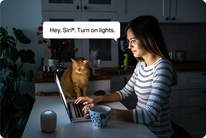 With an Apple HomePod®, use your voice to conveniently manage, command, and adjust paired devices.